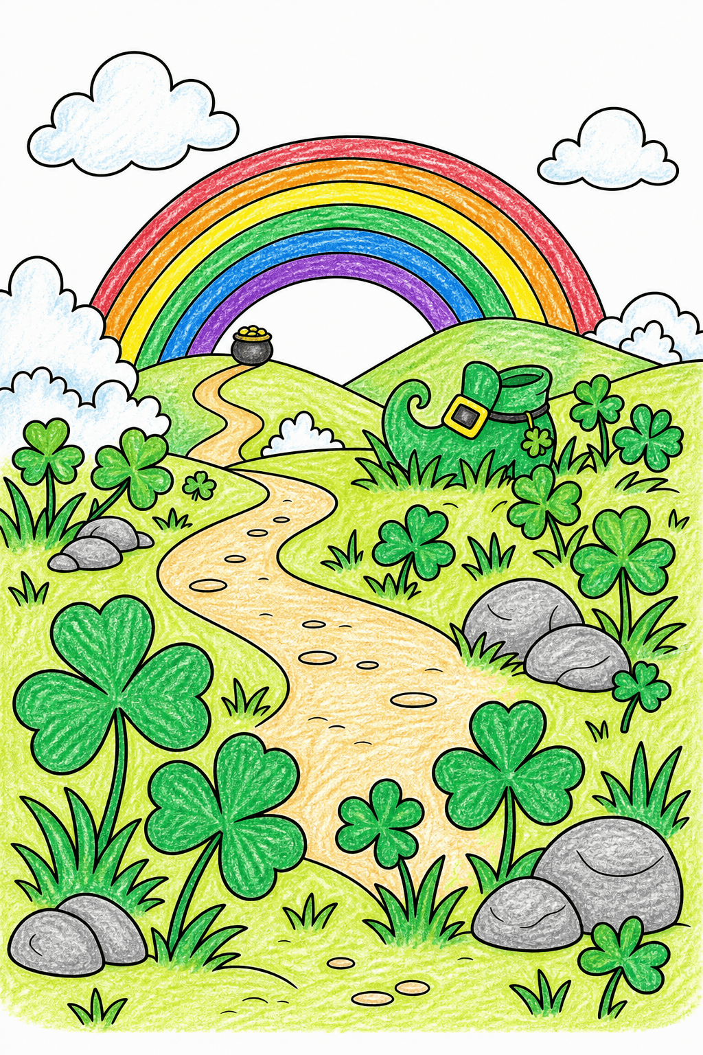 St. Patrick's Day Rainbow Meadow Coloring Page crayon colorized preview