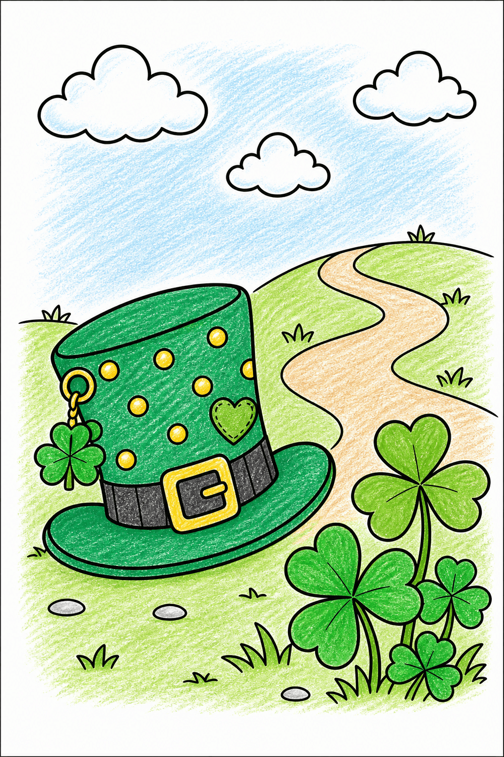 Leprechaun-Style Hat and Shamrocks by a Winding Path crayon colorized preview