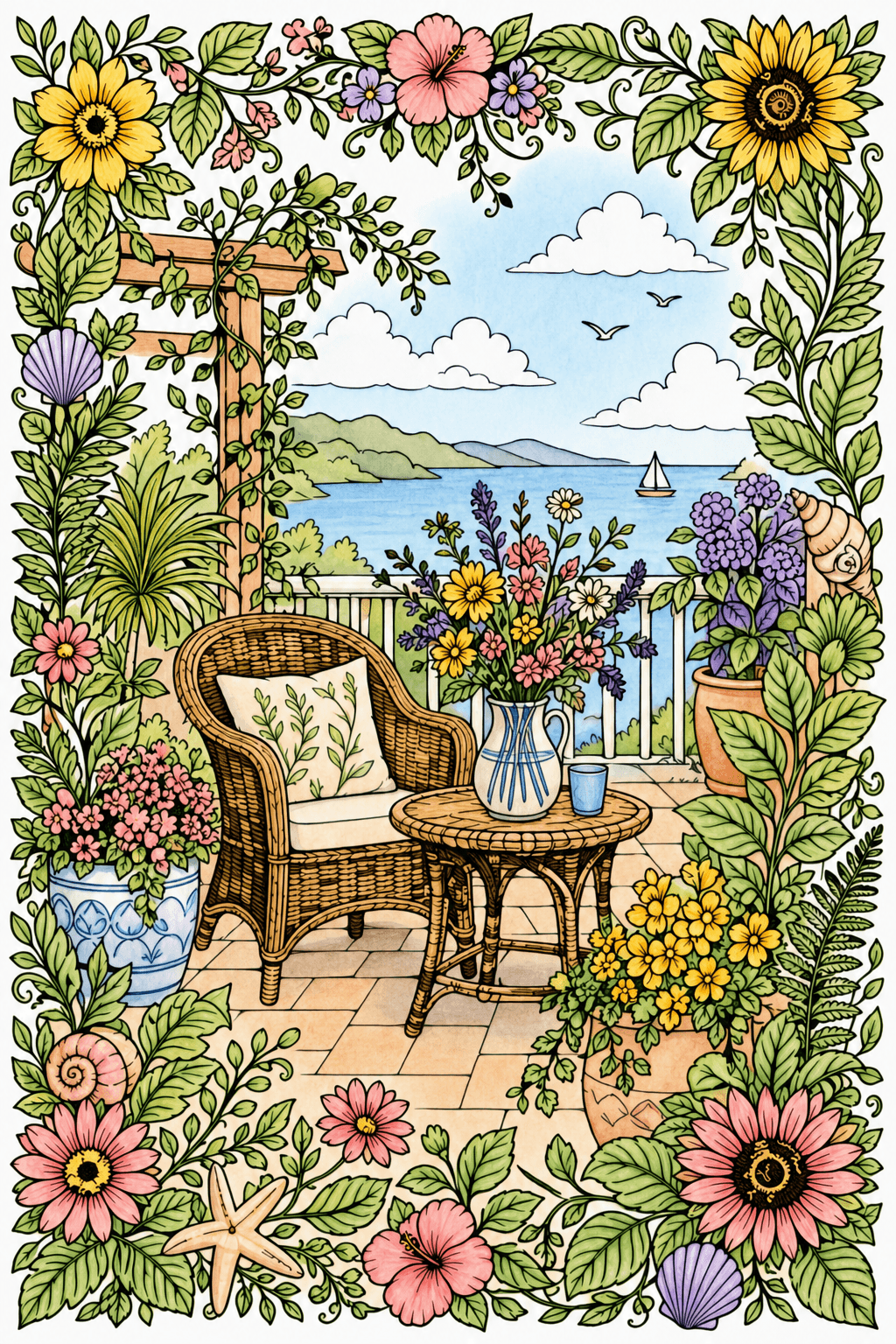 Adult Summer Botanical Border storybook colorized preview