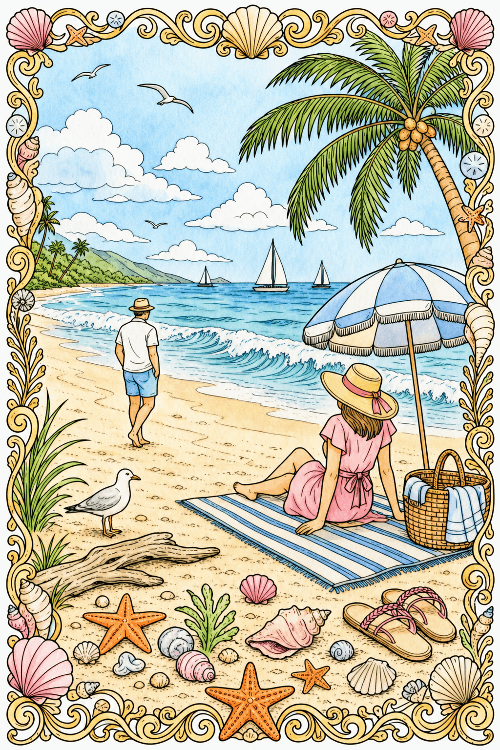 Adult Summer Detailed Beach Scene watercolor colorized preview