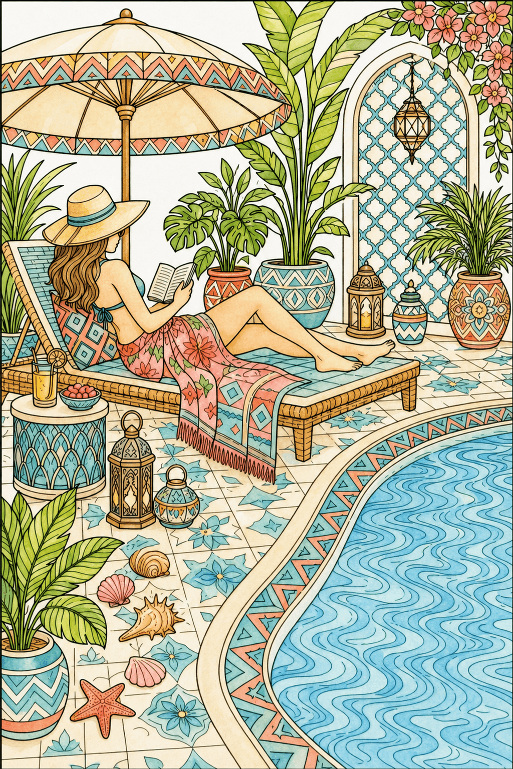 Adult Summer Poolside Patterns watercolor colorized preview