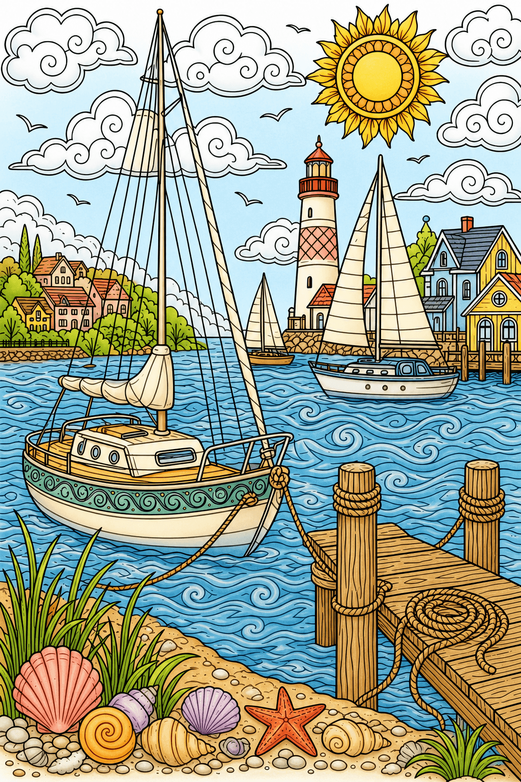 Adult Summer Sailboat Harbor storybook colorized preview