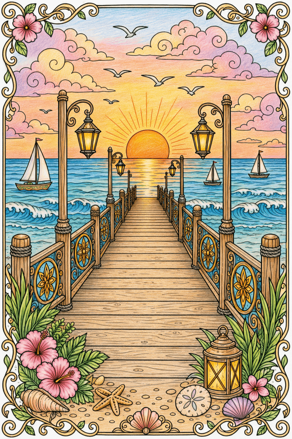 Adult Summer Sunset Pier colored-pencil colorized preview
