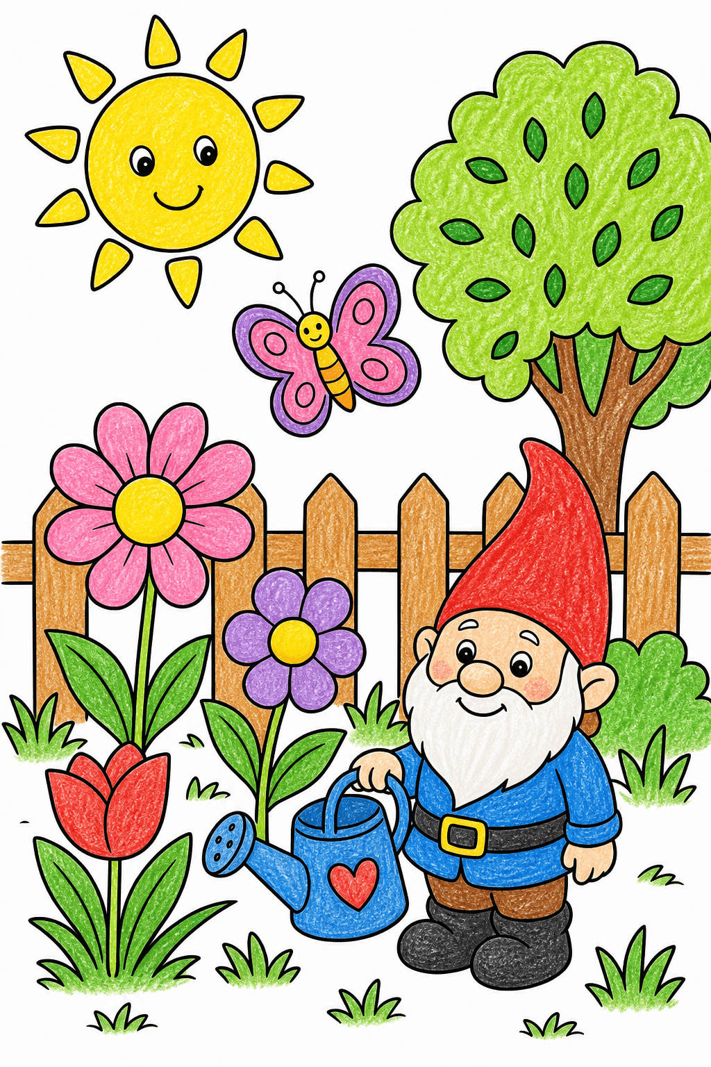 Garden Gnome Watering Flowers crayon colorized preview