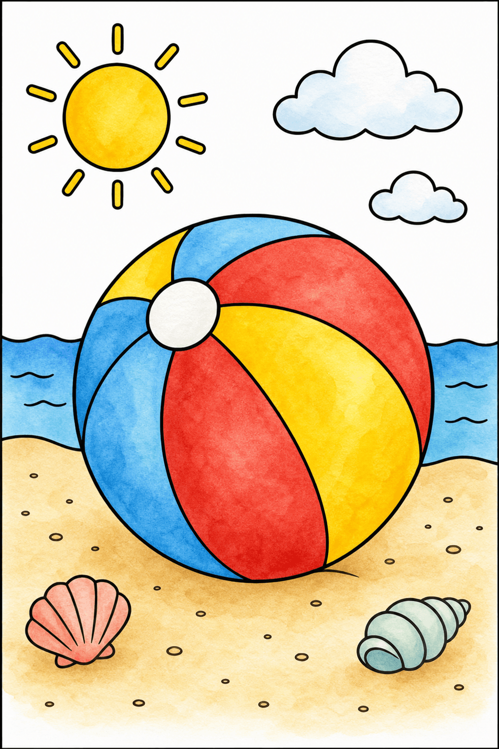 Preschool Summer Beach Ball watercolor colorized preview