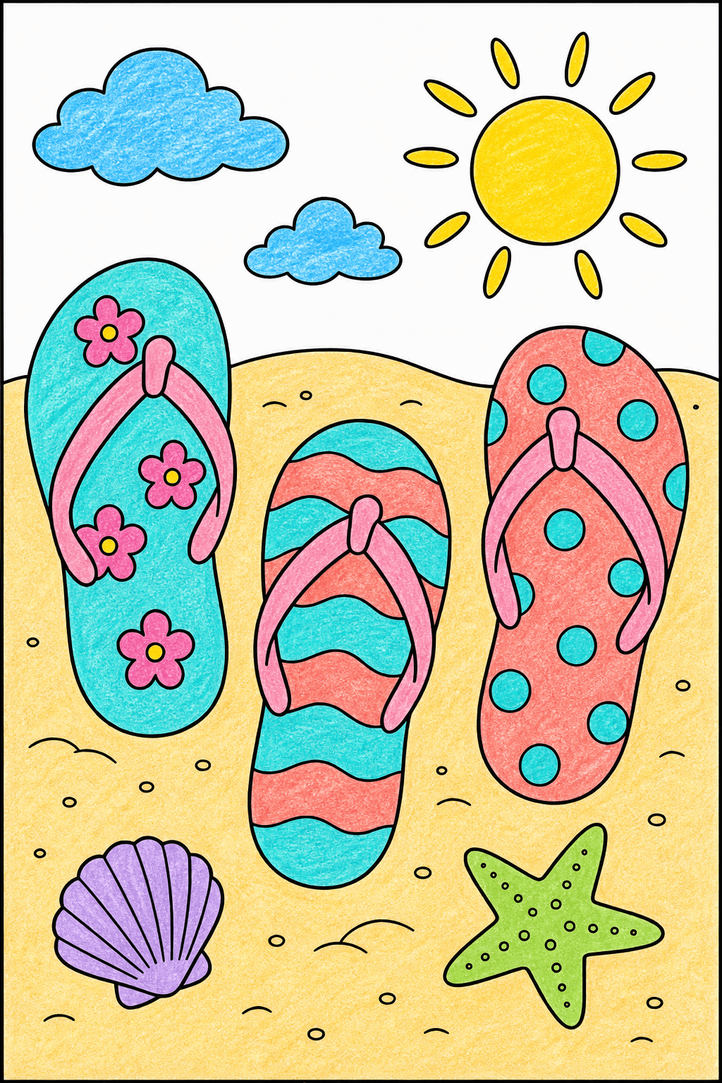 Preschool Summer Flip Flops crayon colorized preview