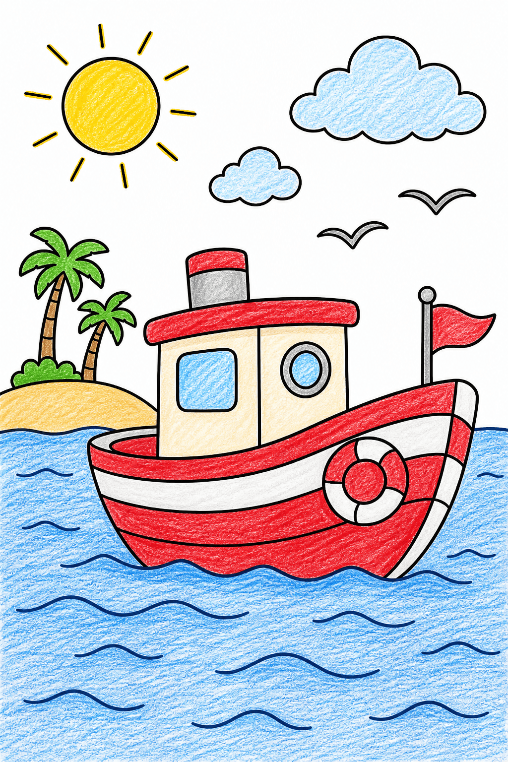 Preschool Summer Simple Boat crayon colorized preview