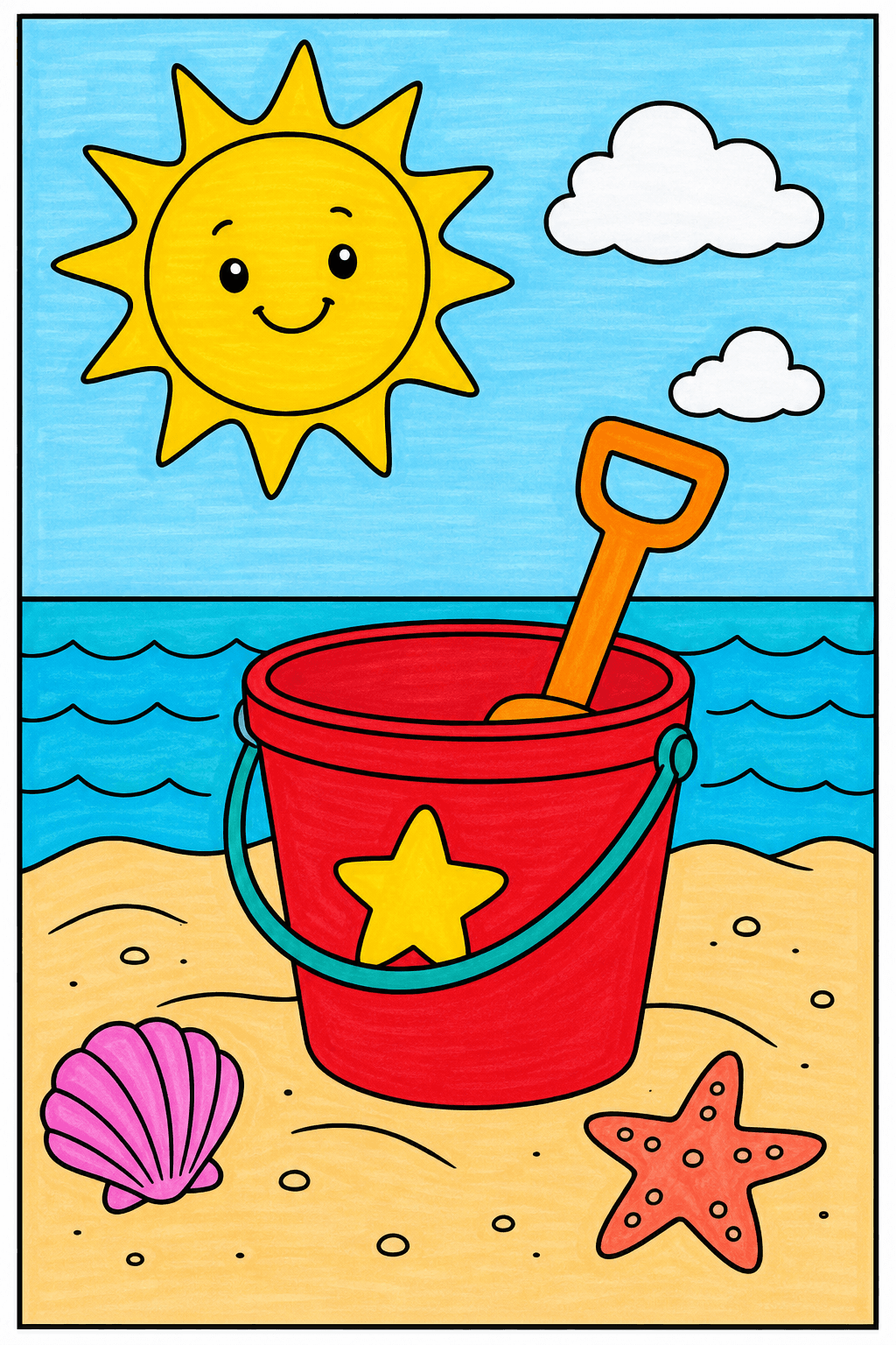 Preschool Summer Sun And Bucket marker colorized preview