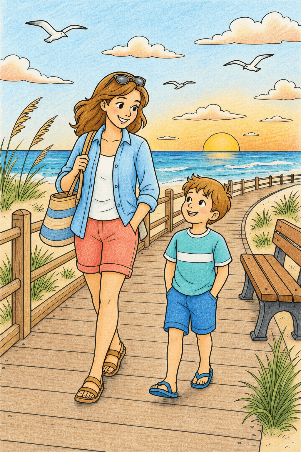 Summer Vacation Boardwalk Stroll colored-pencil colorized preview
