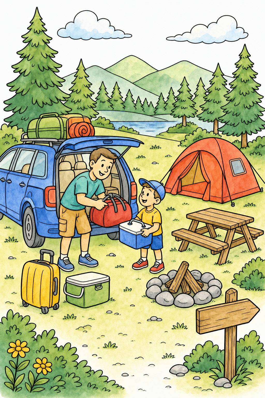 Summer Vacation Campground Arrival watercolor colorized preview