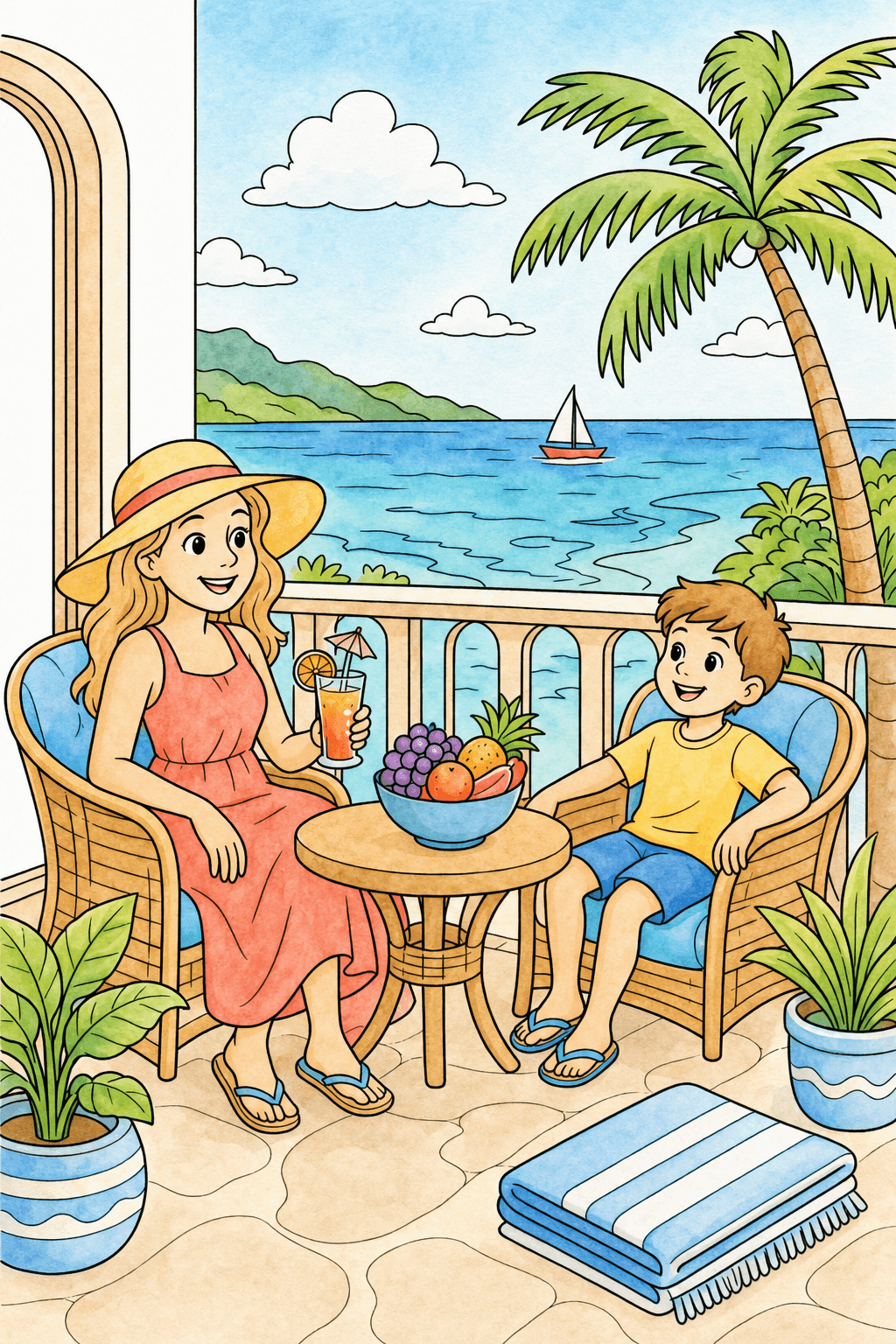 Summer Vacation Hotel Balcony watercolor colorized preview