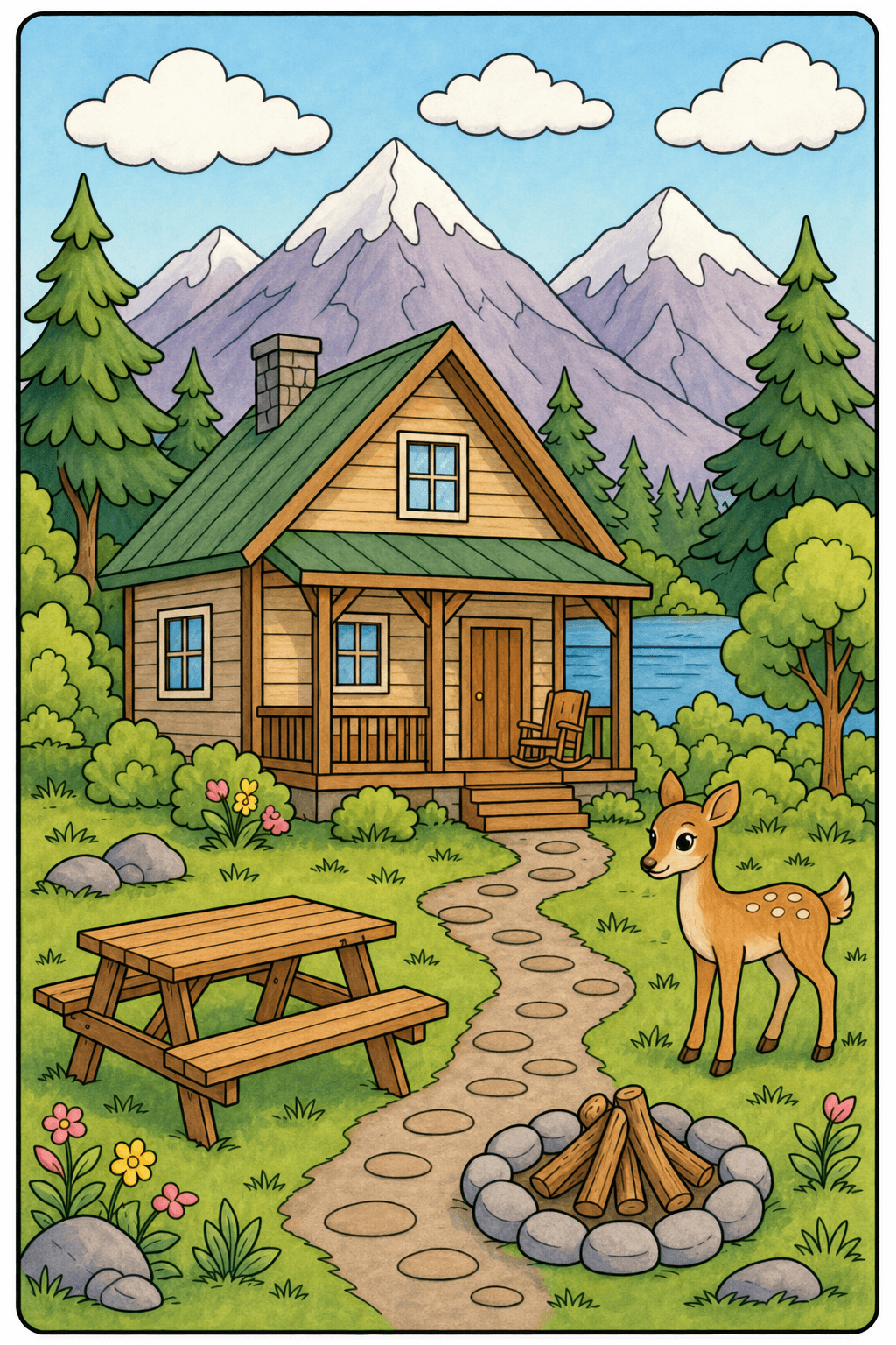 Summer Vacation Mountain Cabin storybook colorized preview