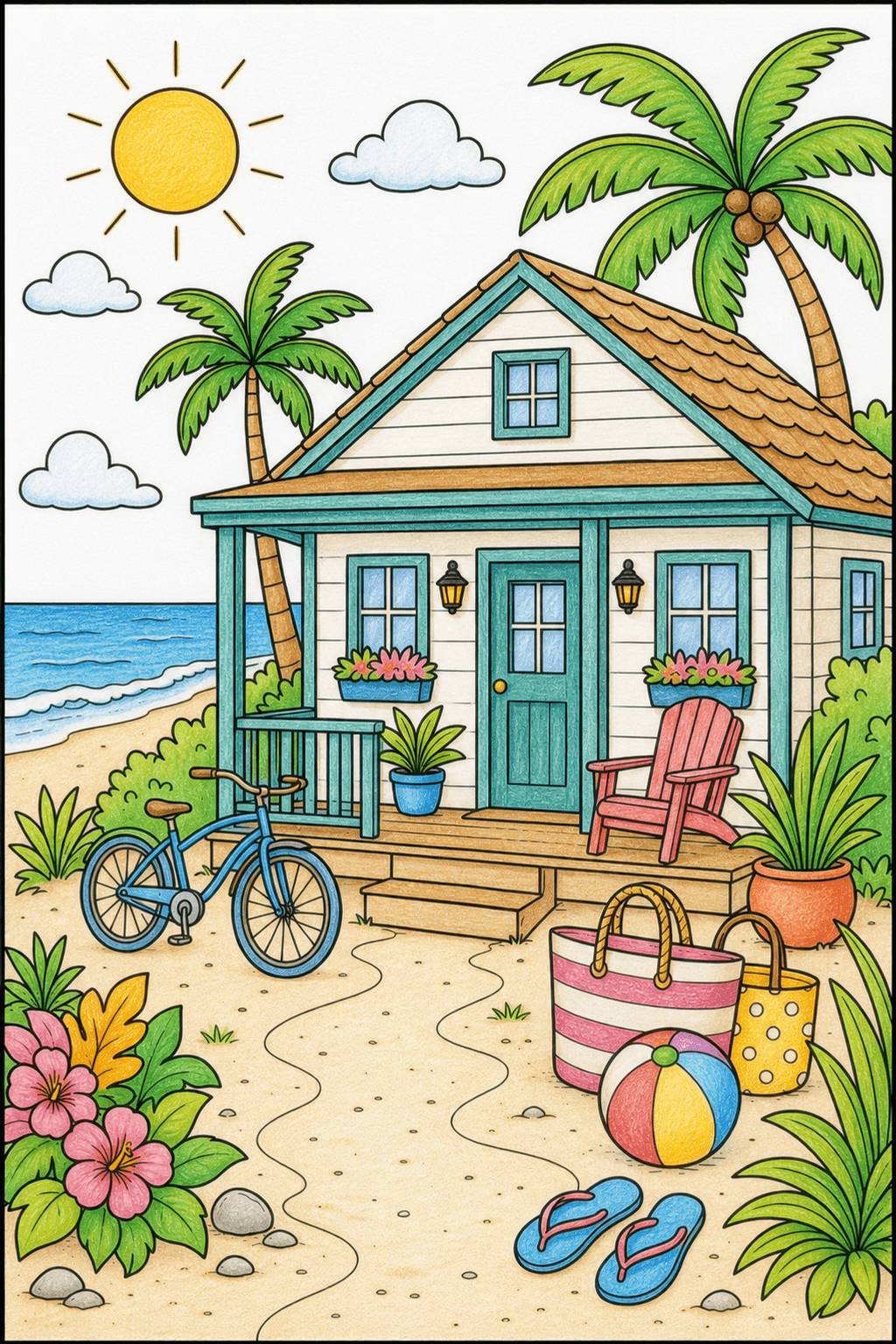 Summer Vacation Rental Cottage colored-pencil colorized preview