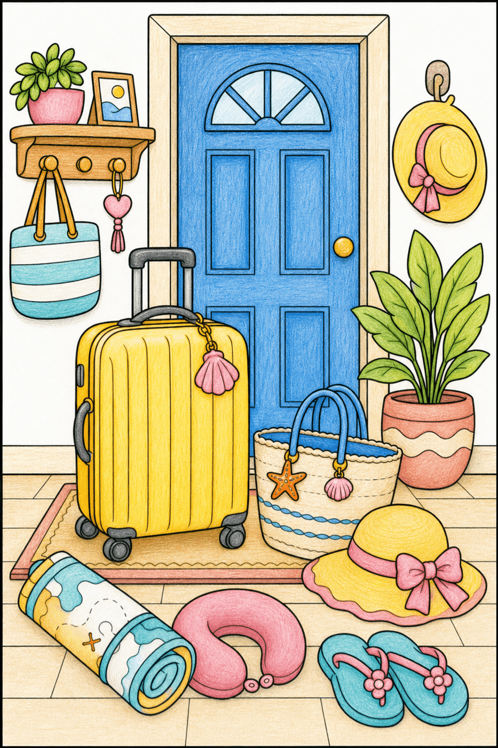 Summer Vacation Suitcase By Door colored-pencil colorized preview