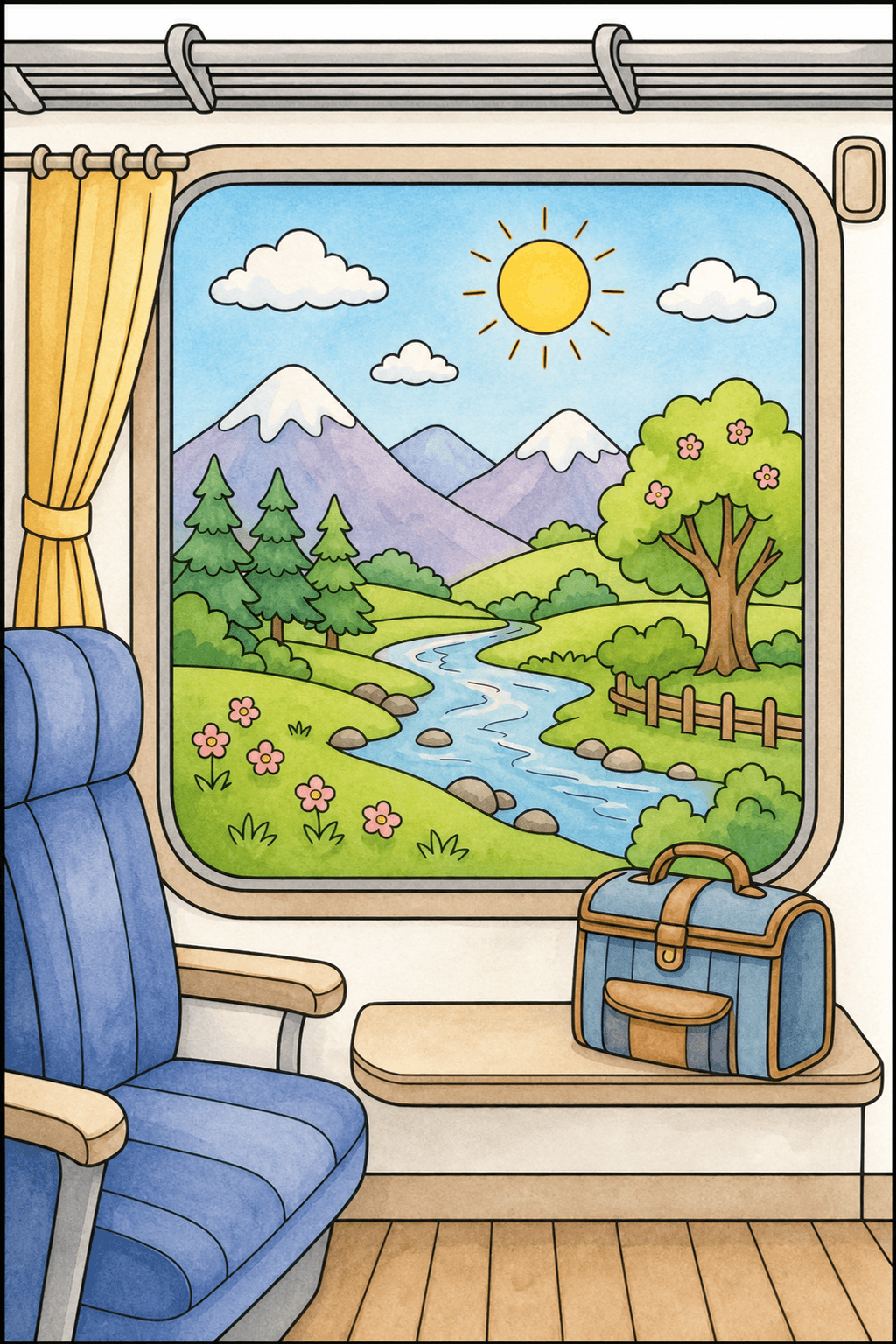Summer Vacation Train Window watercolor colorized preview