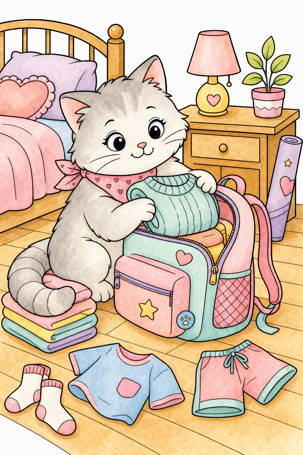 Kitten Packing Clothes in a Bedroom watercolor colorized preview