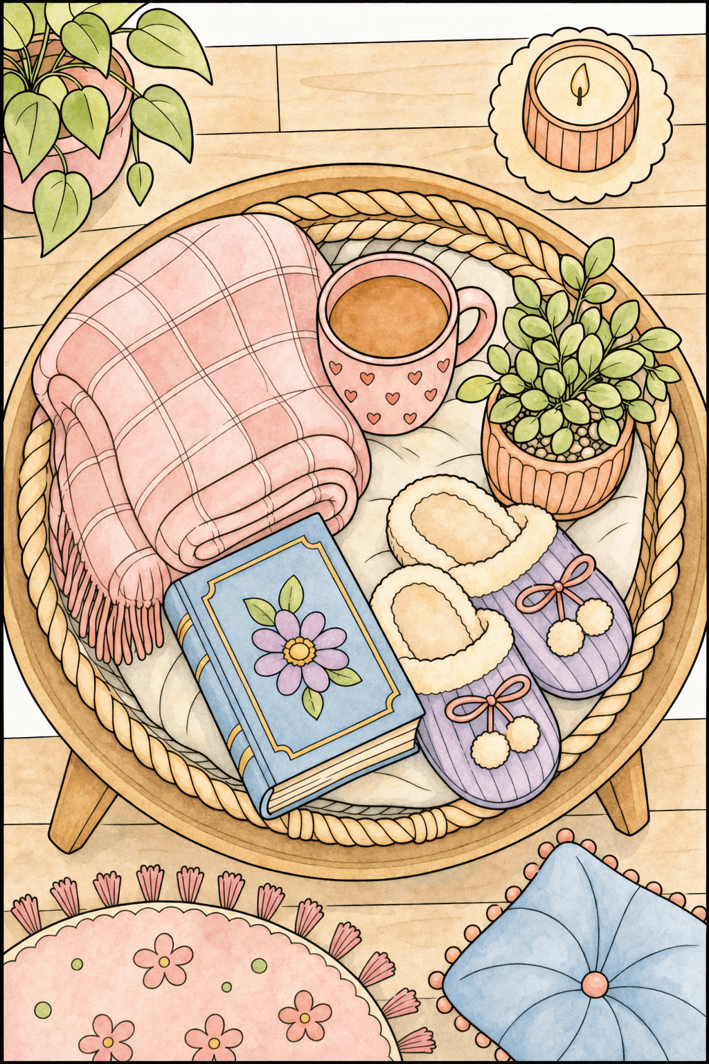 Cozy Tray with a Blanket, Mug, Plant, and Slippers watercolor colorized preview