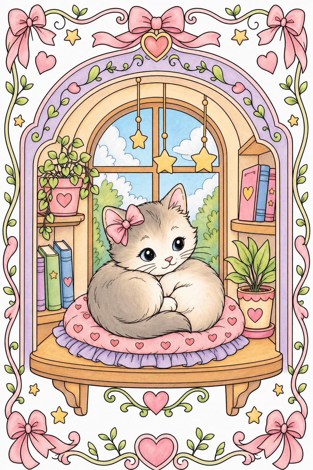 Kitten in an Arched Window Nook storybook colorized preview