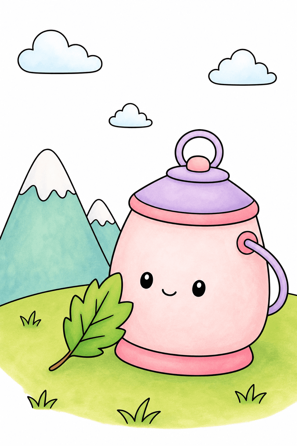 Smiling Teapot in a Mountain Landscape storybook colorized preview