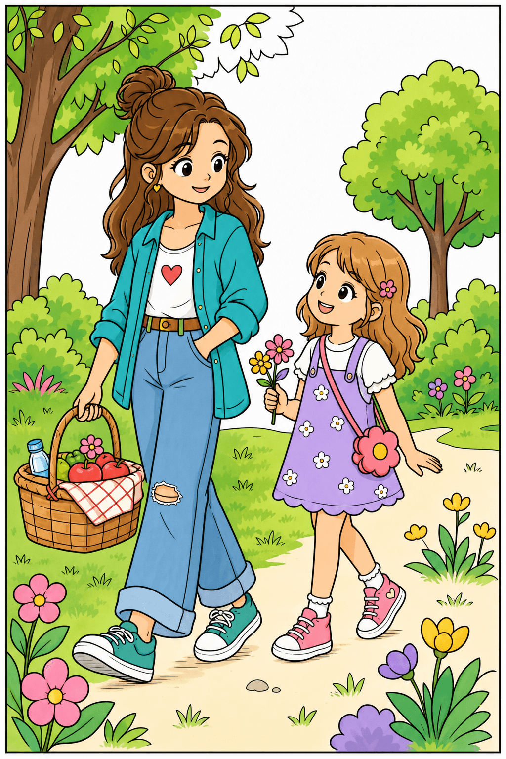 Two Girls Walking Through a Garden clean-digital colorized preview