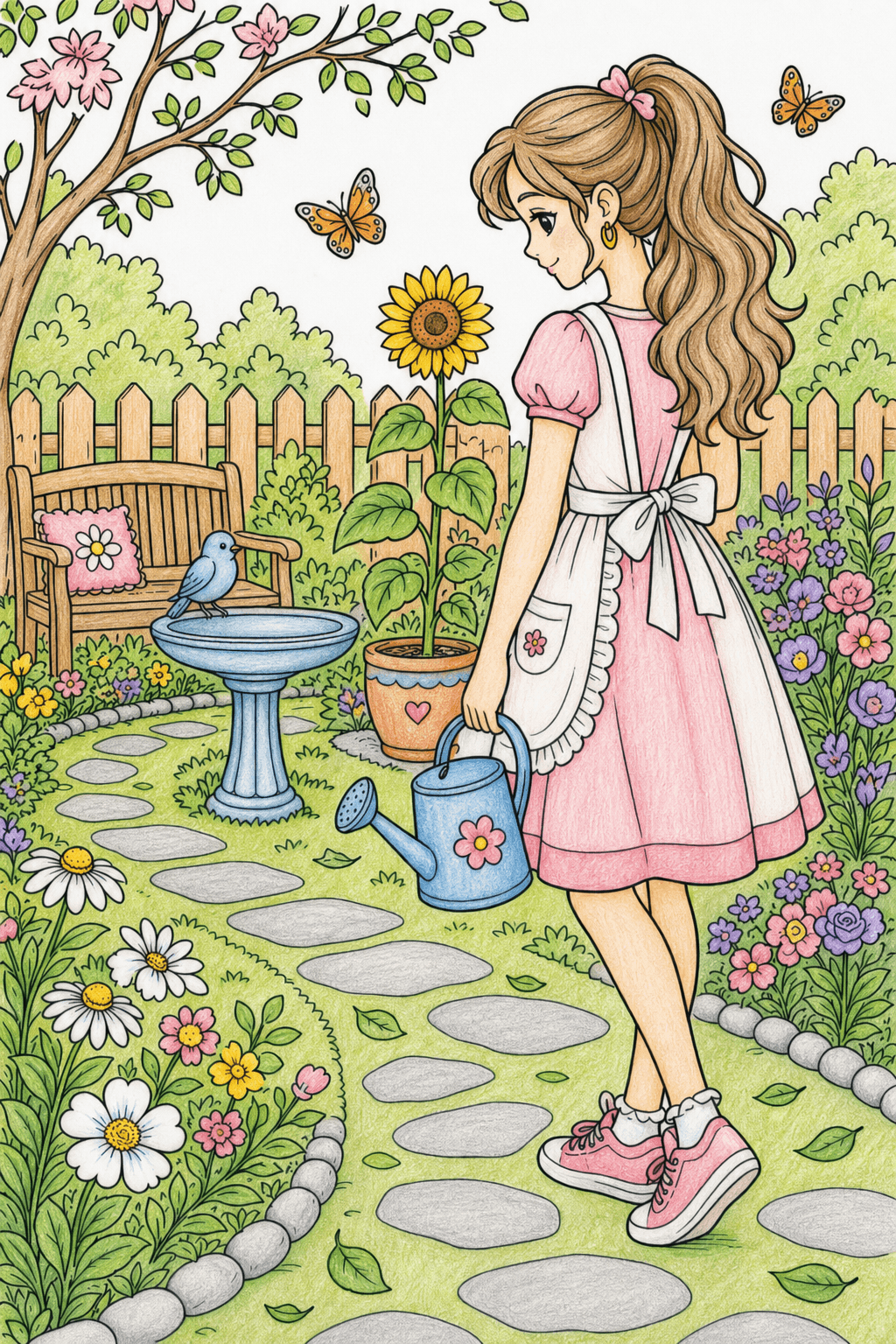 Girl with a Watering Can in a Flower Garden colored-pencil colorized preview