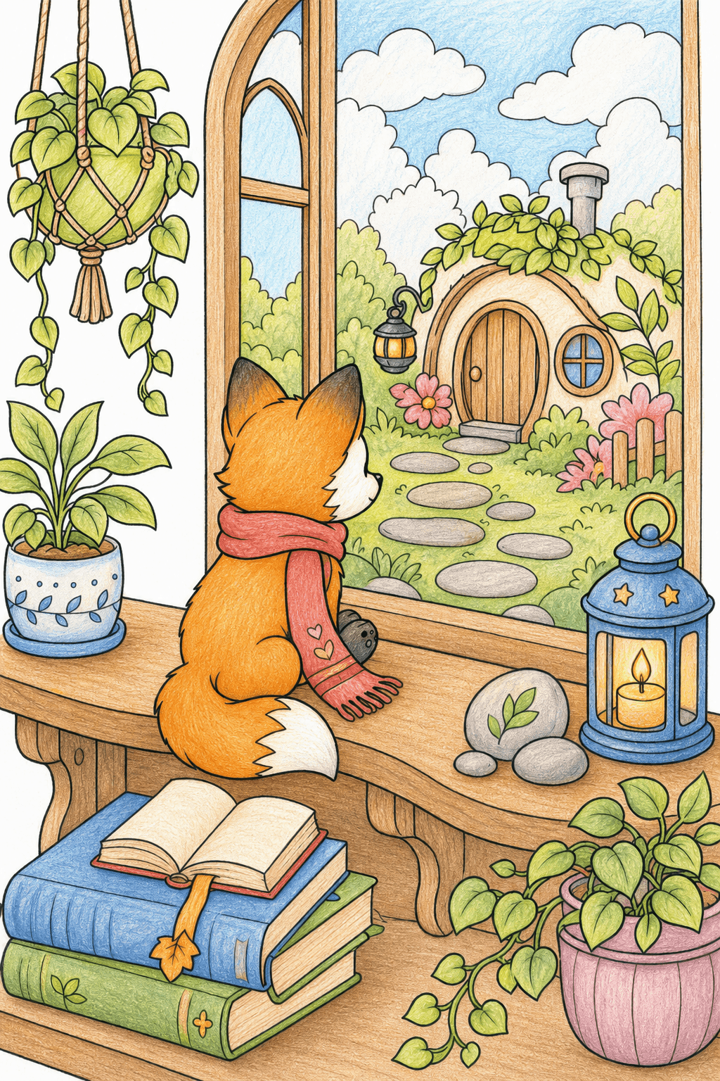 Fox at a Window Overlooking a Garden Cottage colored-pencil colorized preview