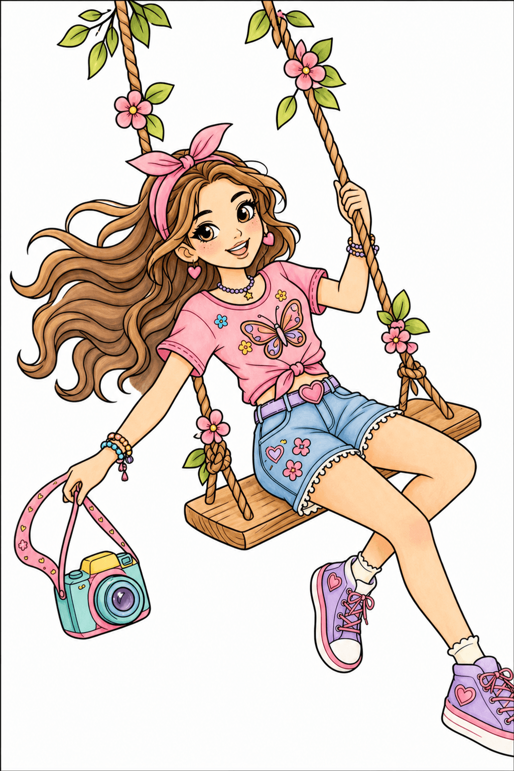 Girl Sitting on a Flower-Trimmed Swing storybook colorized preview