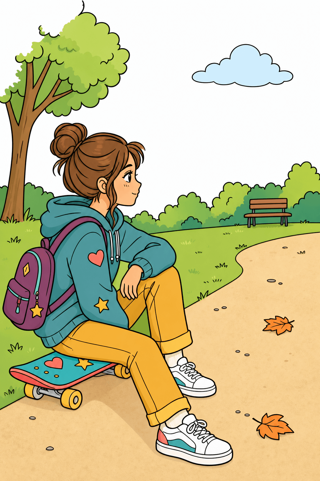 Teen Girl Relaxing on a Skateboard in the Park clean-digital colorized preview
