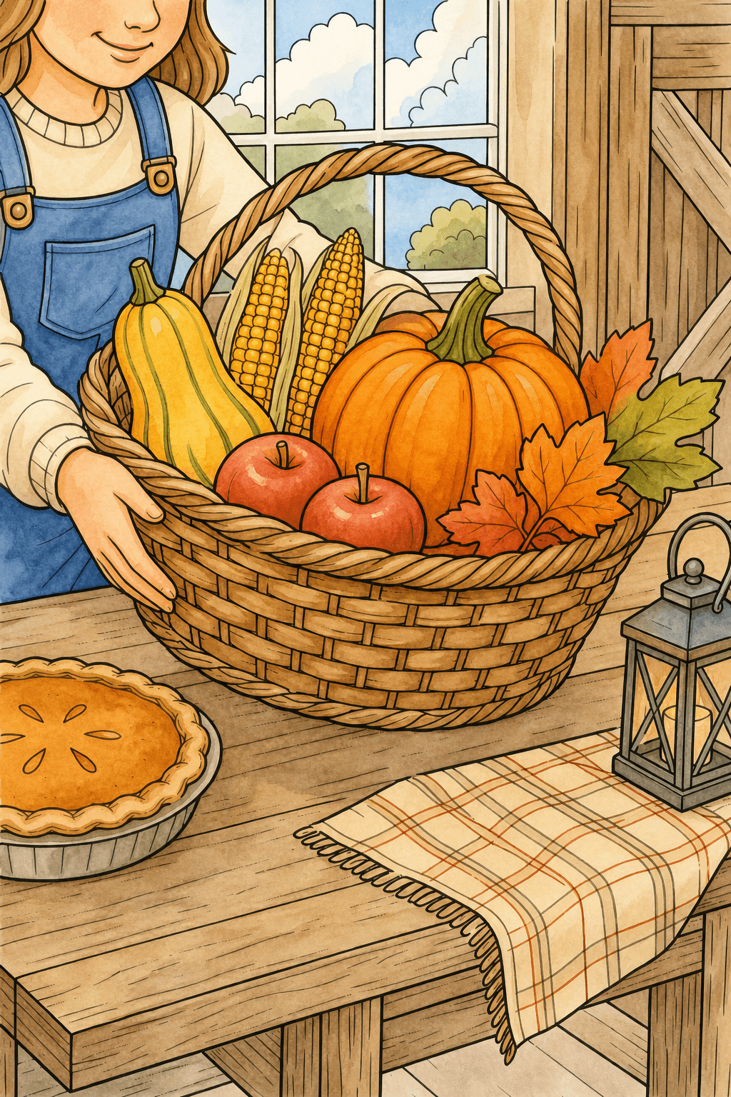 Child Setting a Harvest Basket on the Table watercolor colorized preview