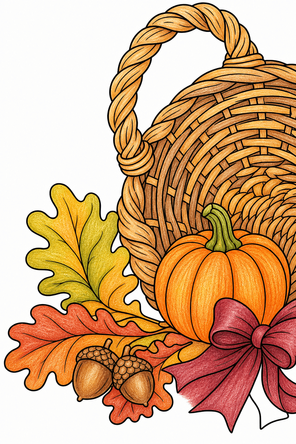 Woven Cornucopia with Pumpkin and Oak Leaves colored-pencil colorized preview