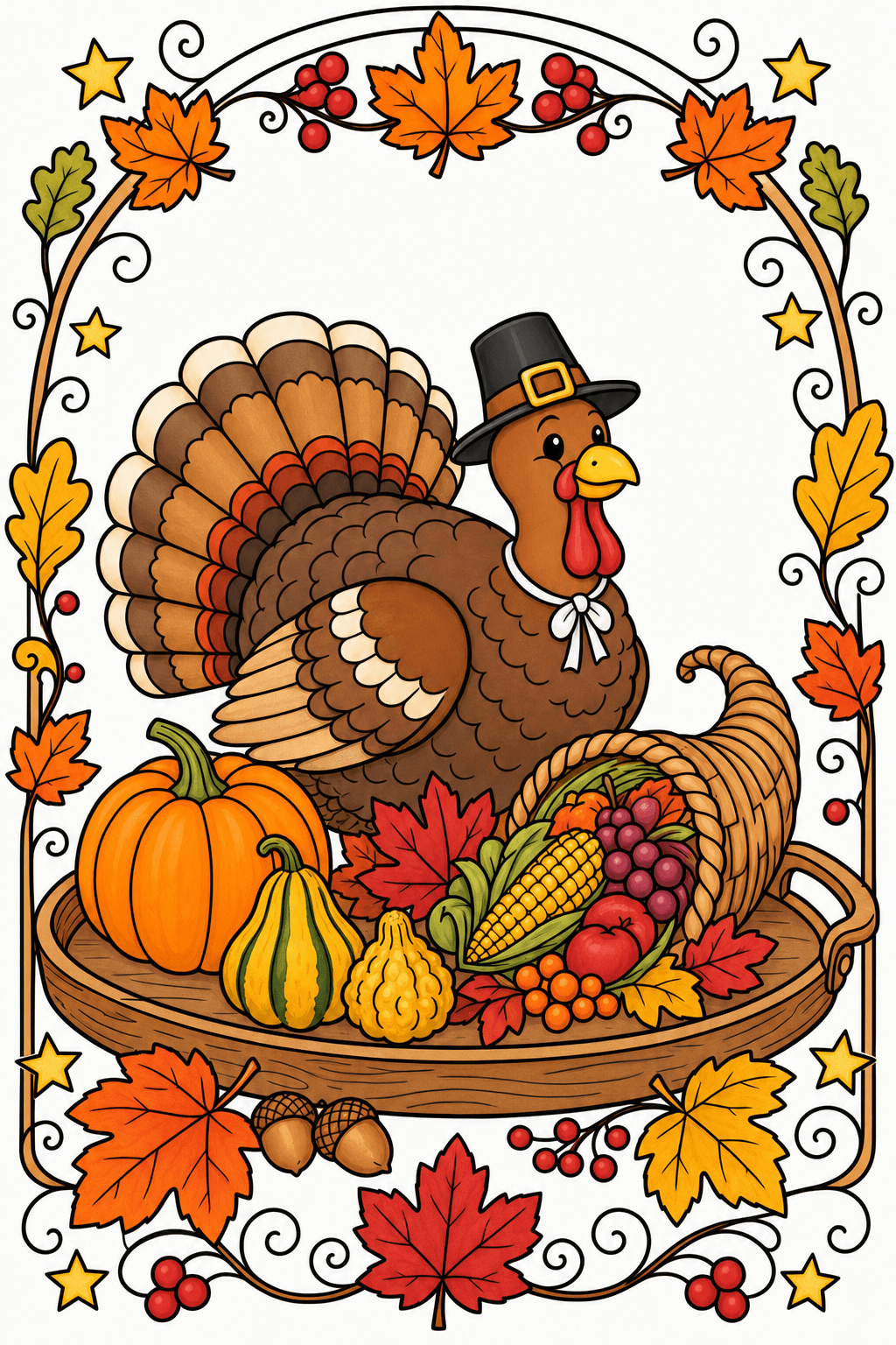 Pilgrim Hat Turkey with a Harvest Tray clean-digital colorized preview