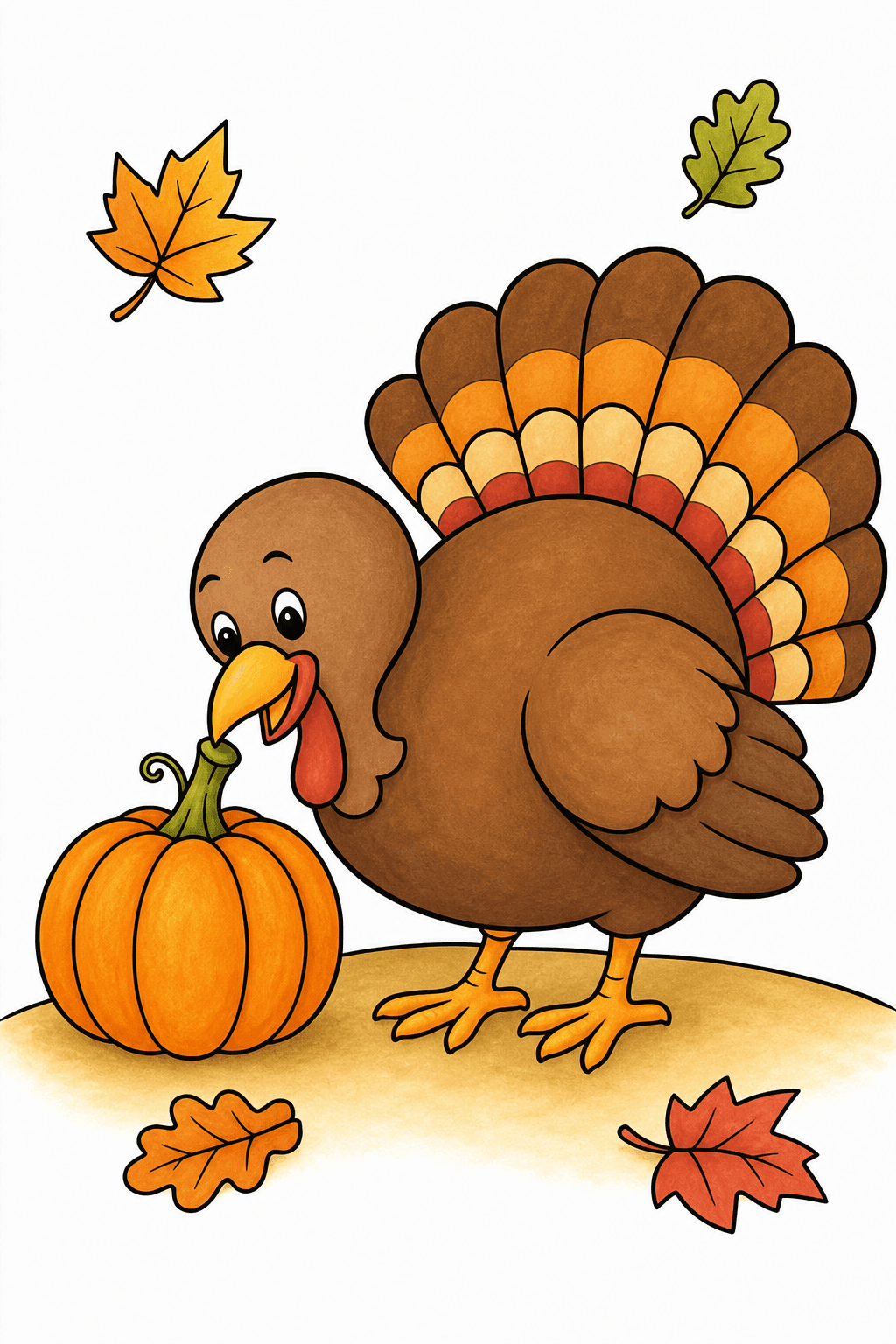 Thanksgiving Turkey Touching a Pumpkin Stem storybook colorized preview