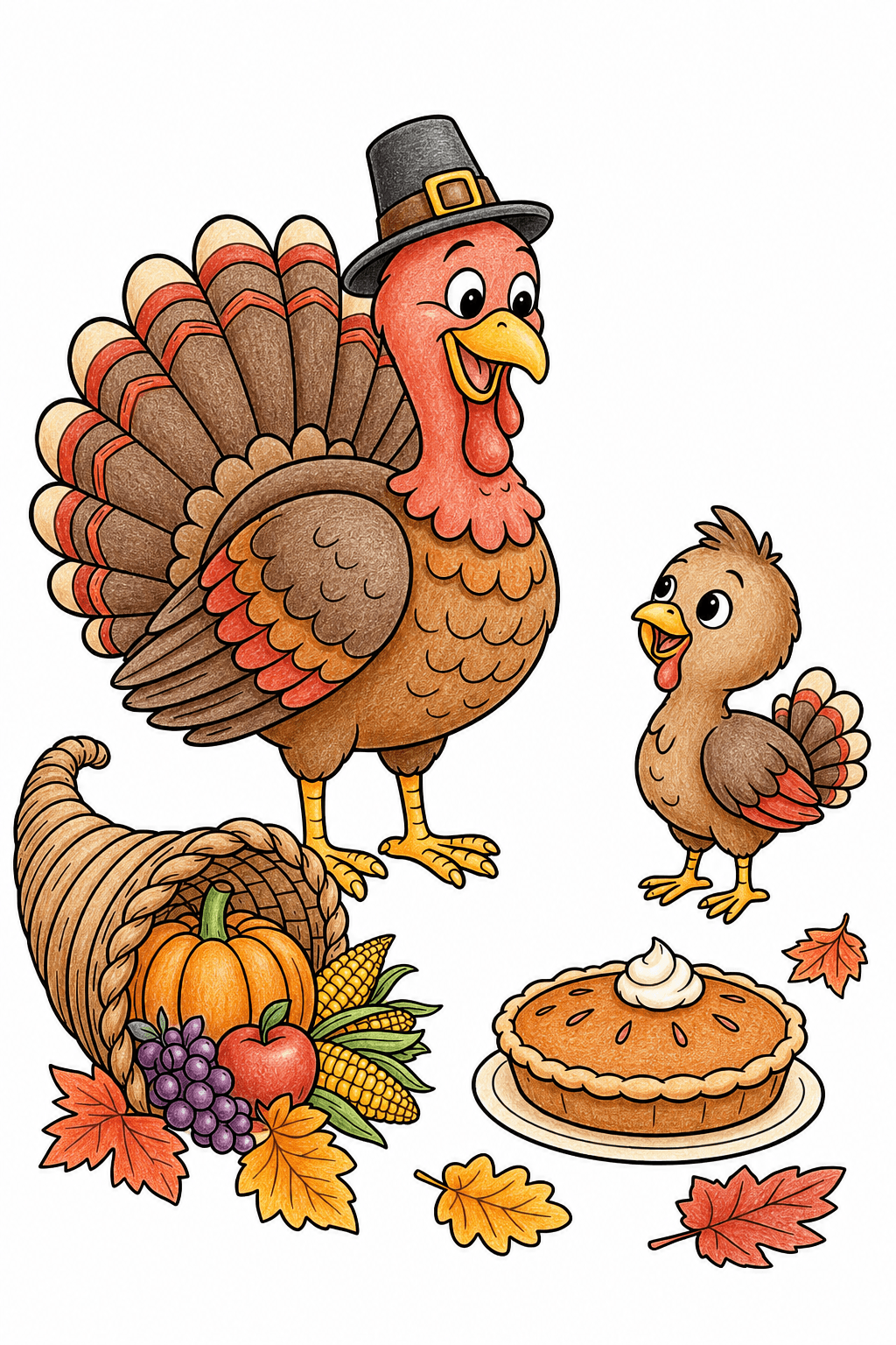 Turkey and Young Bird with Harvest Food colored-pencil colorized preview