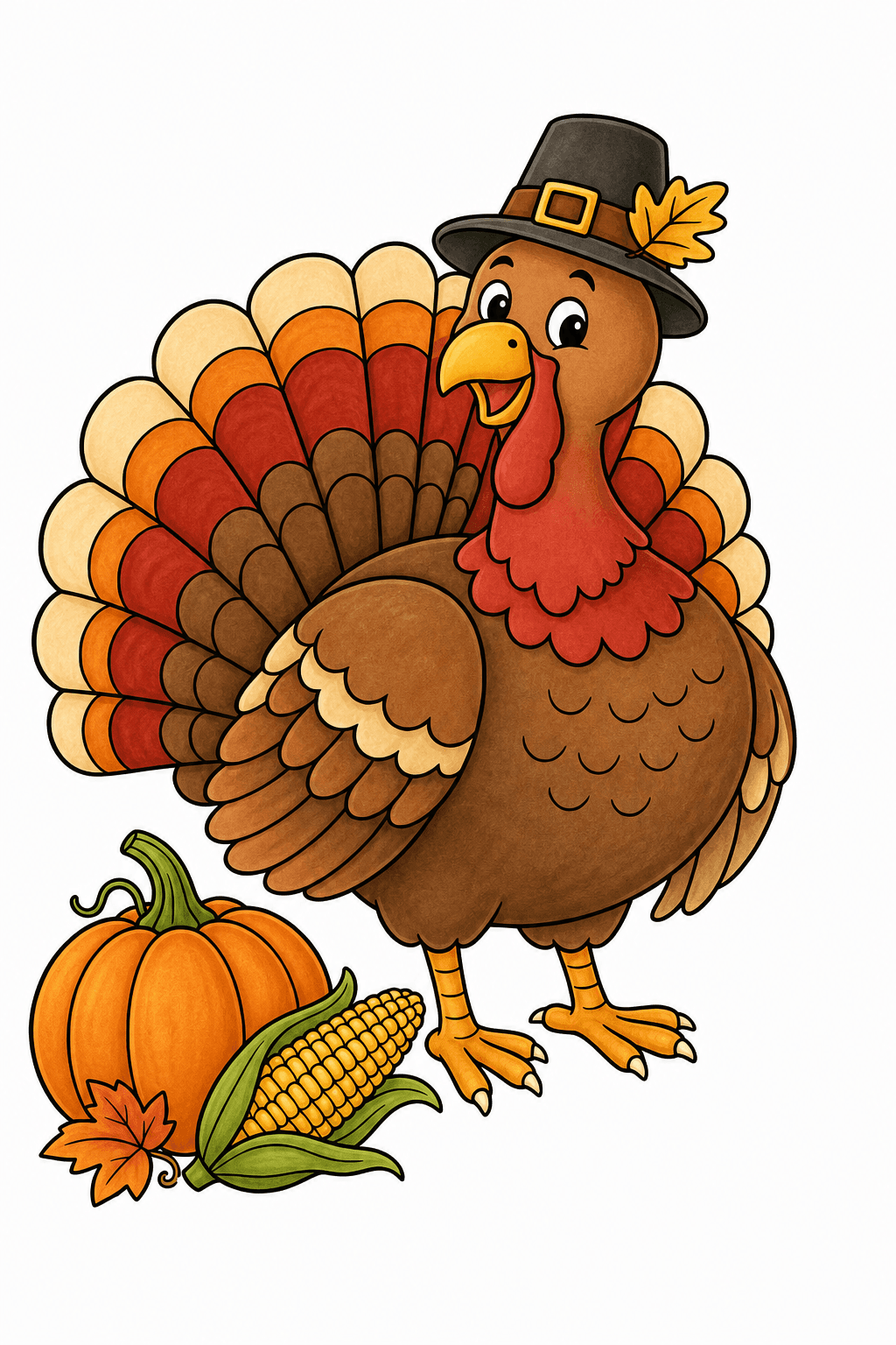 Turkey in a Pilgrim Hat with Harvest Produce storybook colorized preview