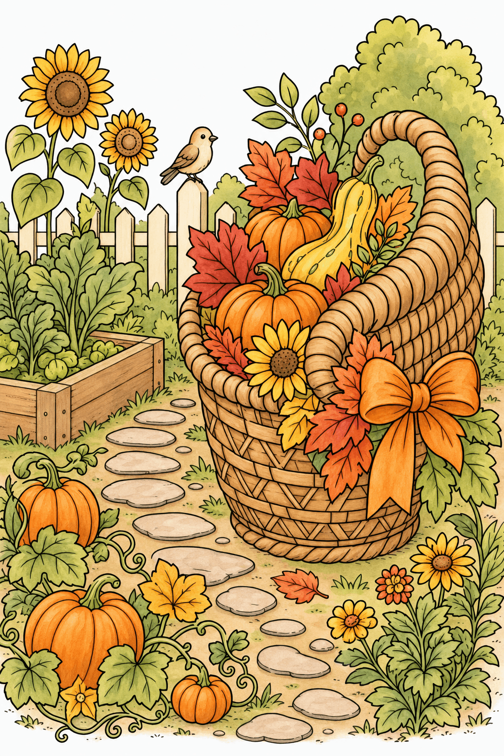 Thanksgiving Harvest Basket in an Autumn Garden storybook colorized preview