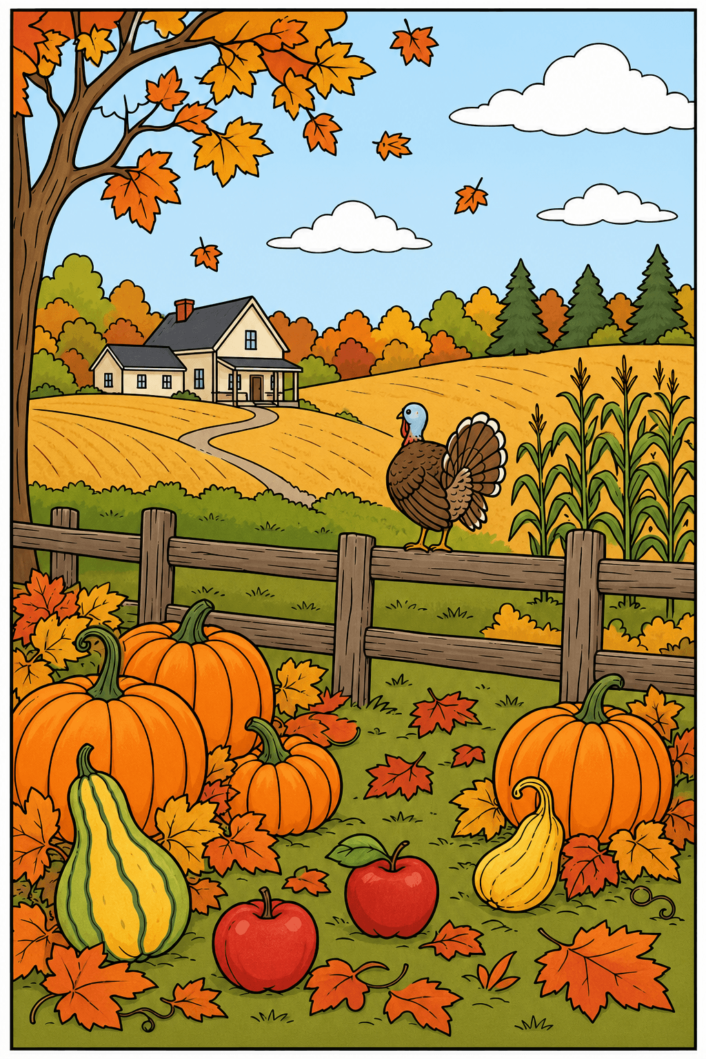 Turkey on a Fence in an Autumn Farm Landscape clean-digital colorized preview