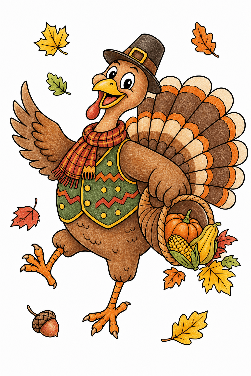 Turkey Waving with a Harvest Basket colored-pencil colorized preview