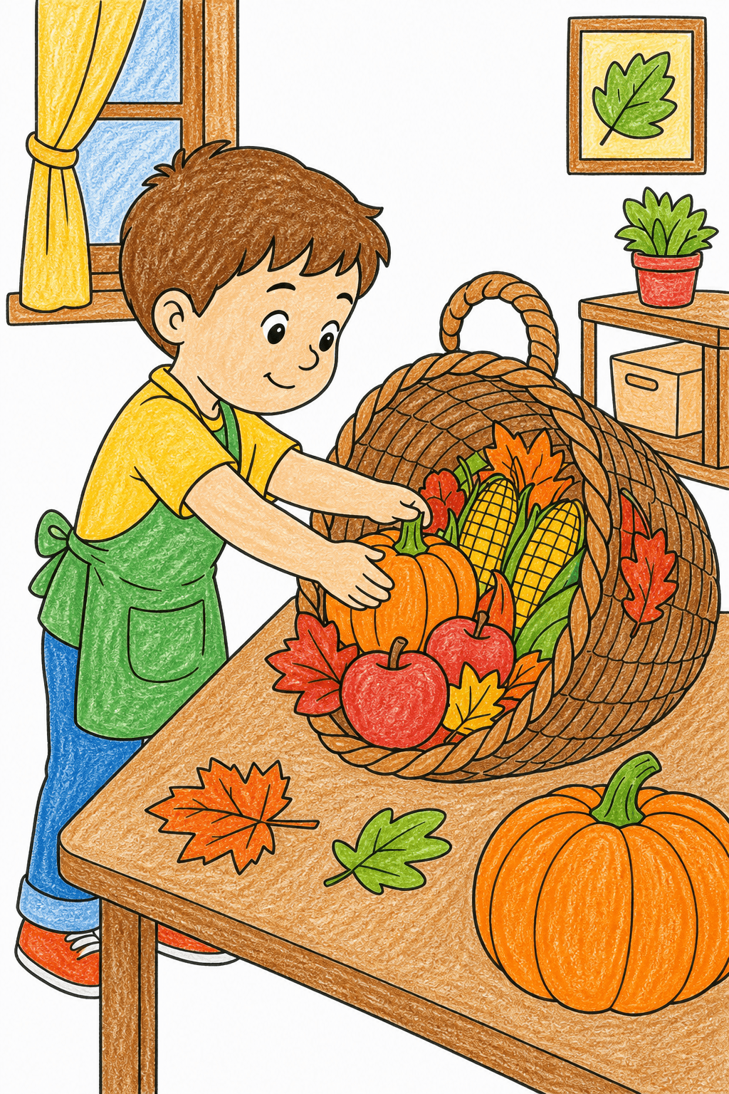 Child Filling a Thanksgiving Harvest Basket crayon colorized preview