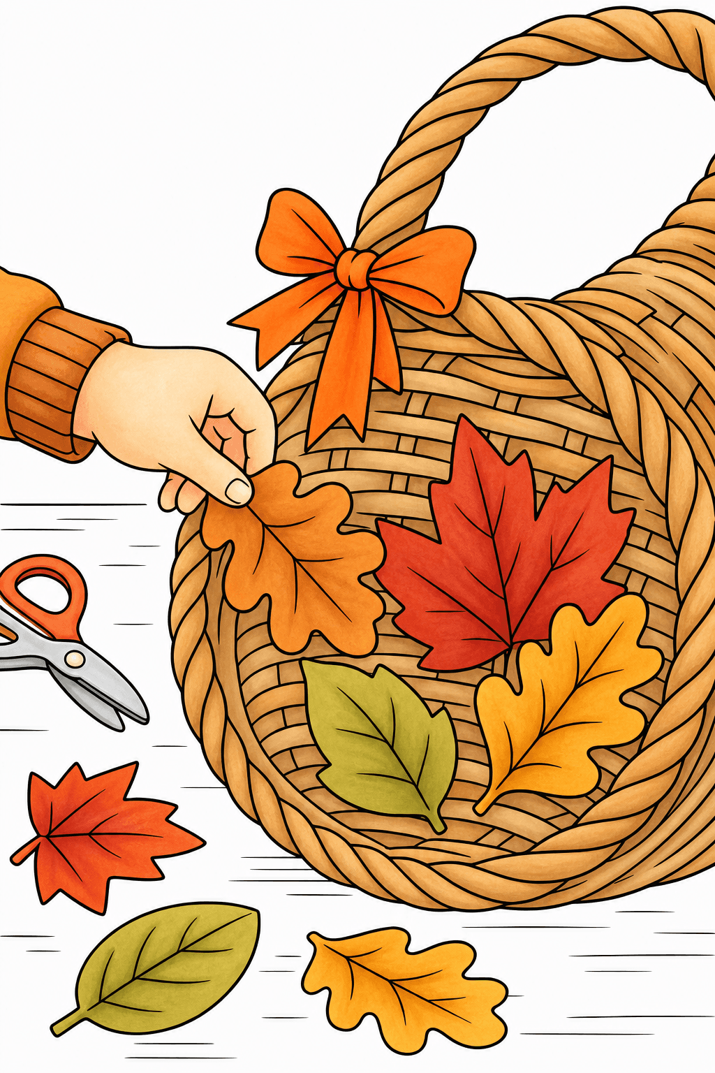Woven Basket with Autumn Leaves and Craft Scissors storybook colorized preview
