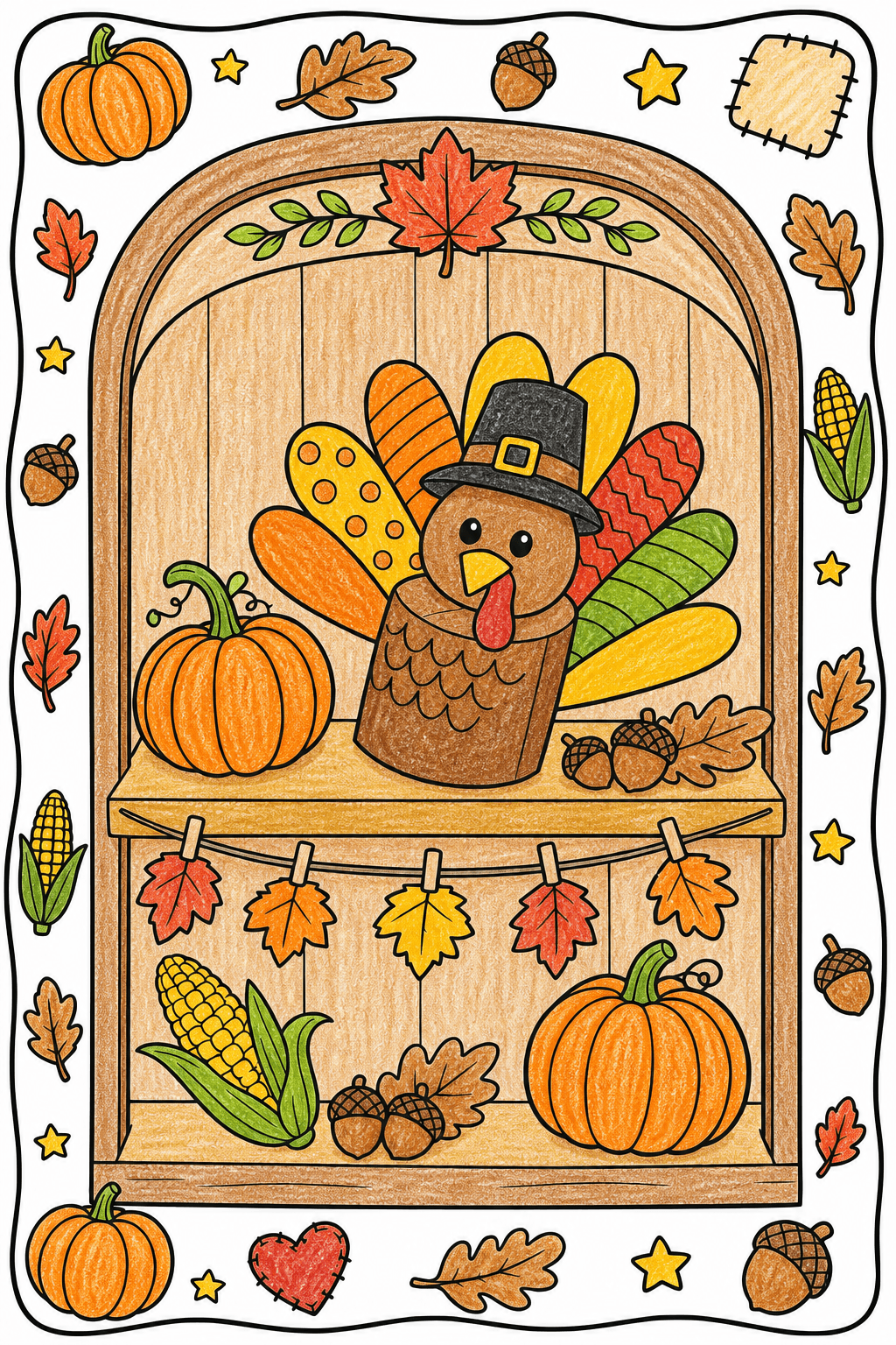 Turkey in a Thanksgiving Harvest Border crayon colorized preview