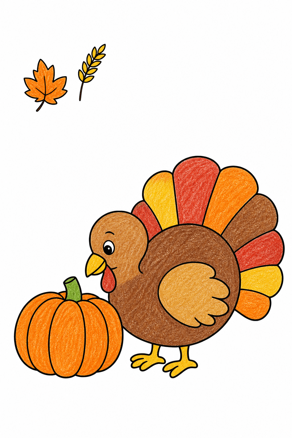 Preschool Thanksgiving Turkey with a Pumpkin and Wheat Sprig crayon colorized preview