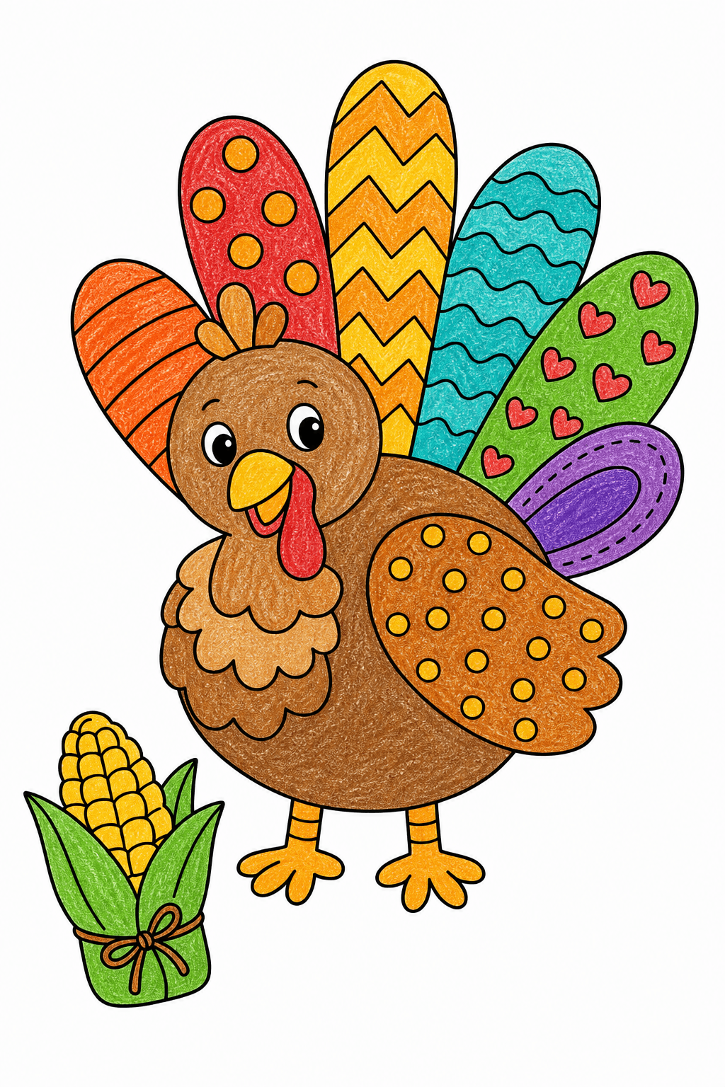Patterned Turkey with Corn Coloring Page crayon colorized preview