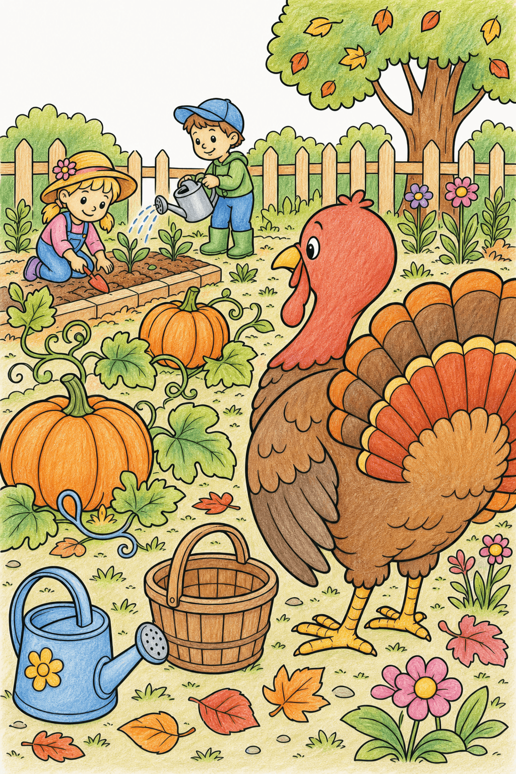 Turkey and Children in a Fall Garden colored-pencil colorized preview