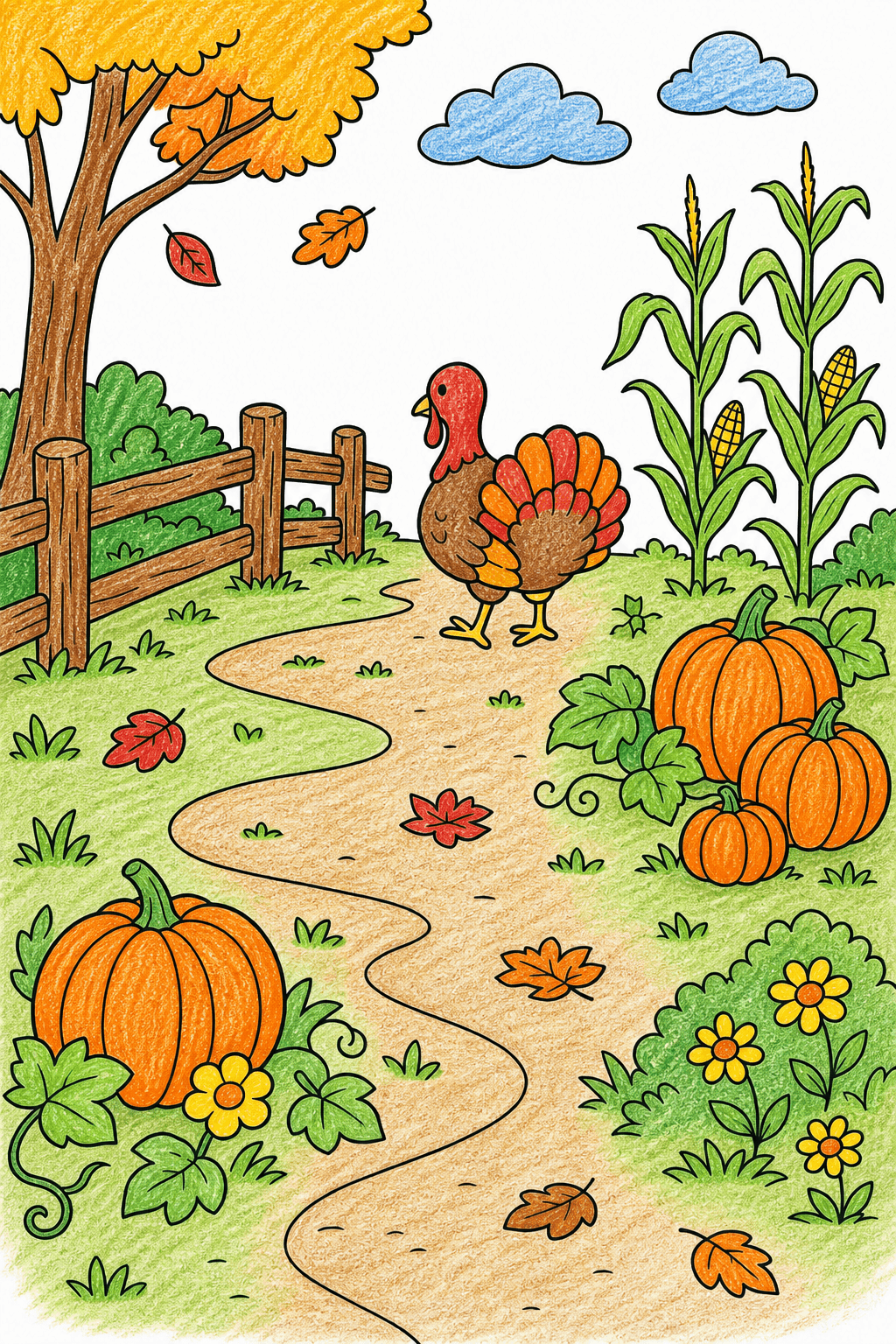Turkey on an Autumn Pumpkin Patch Path crayon colorized preview