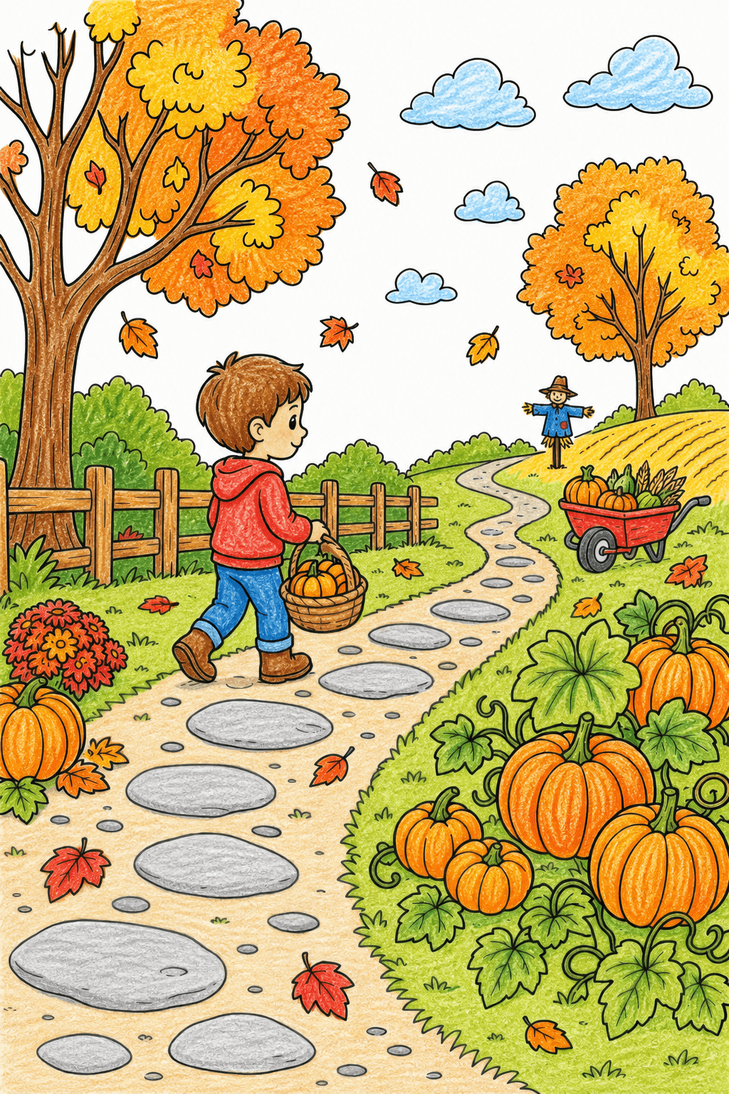 Child Walking Along an Autumn Pumpkin Path crayon colorized preview