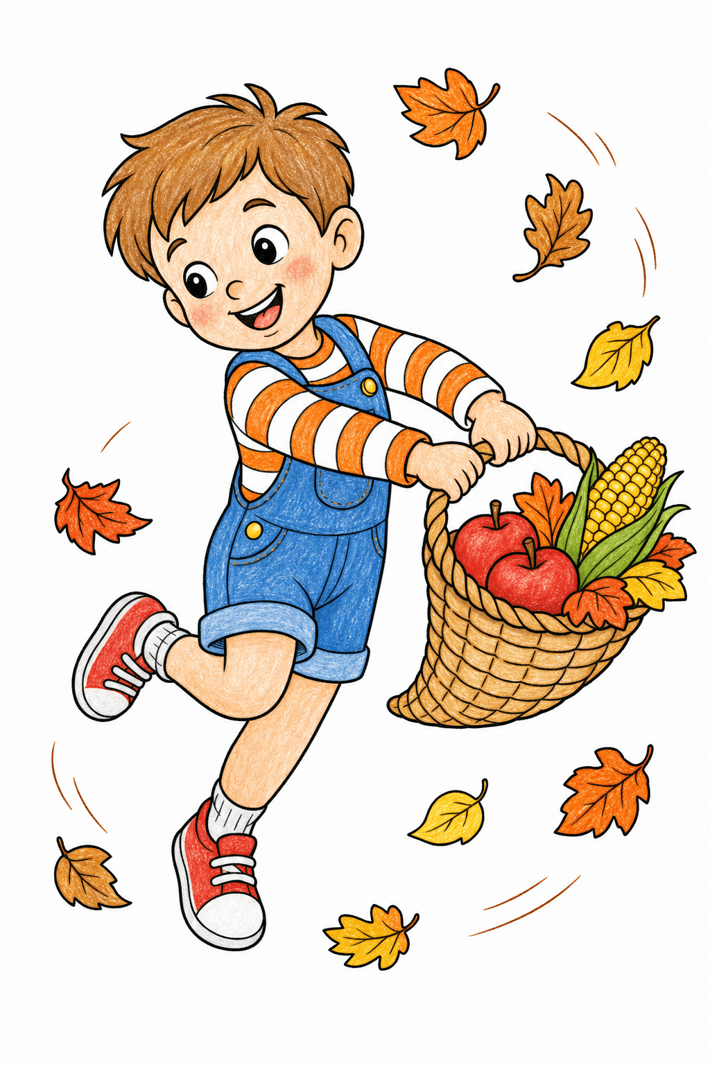 Child Carrying a Thanksgiving Harvest Basket crayon colorized preview