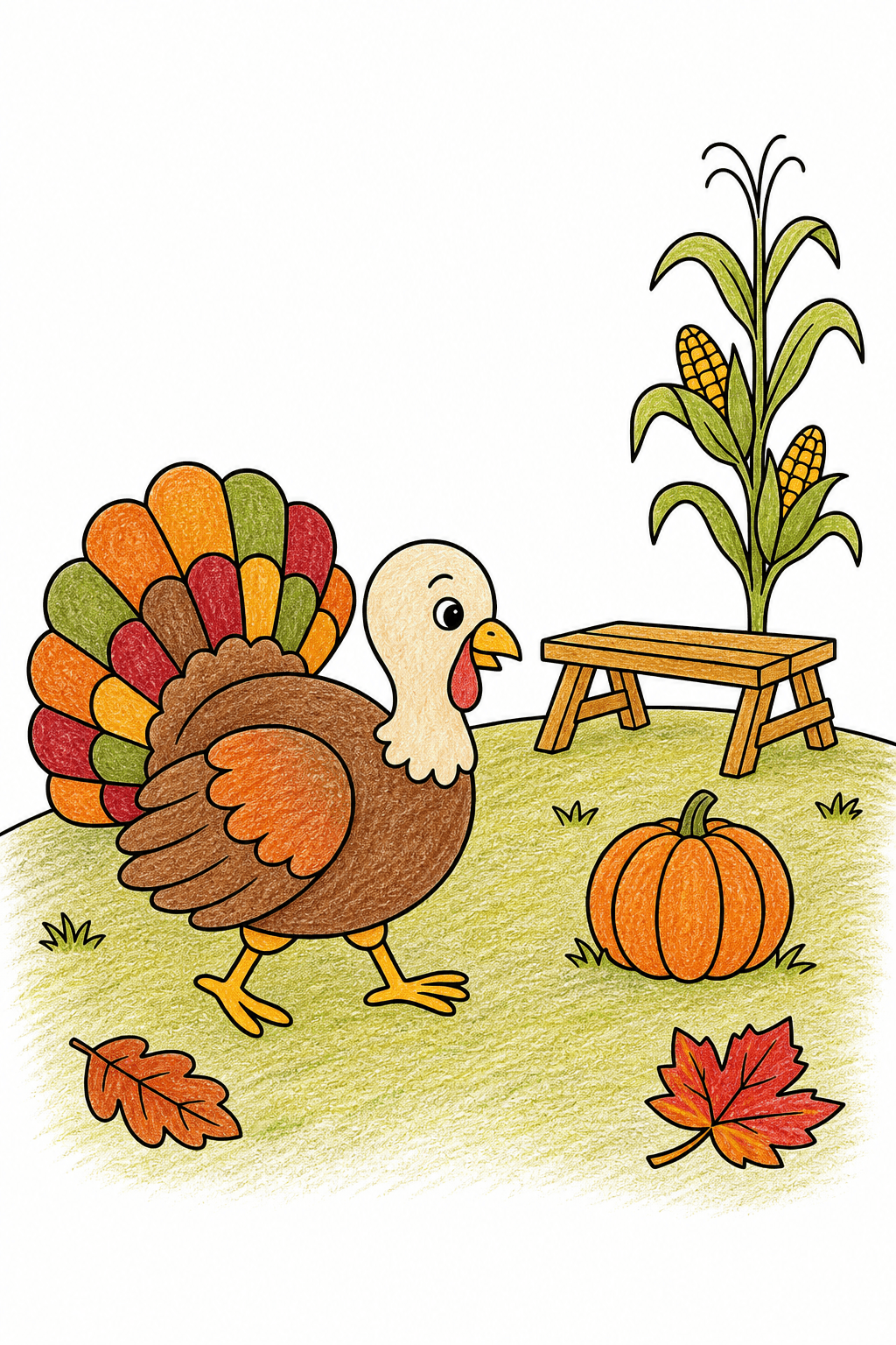 Thanksgiving Turkey in a Harvest Scene crayon colorized preview