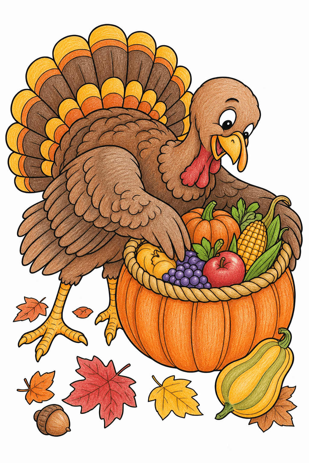 Turkey with a Pumpkin Harvest Basket colored-pencil colorized preview