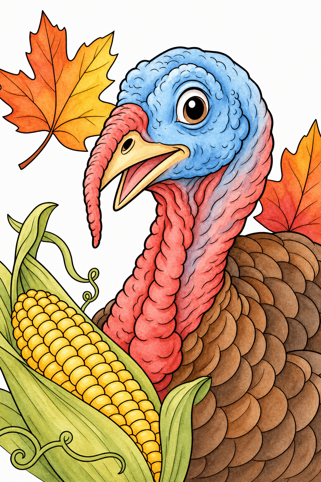 Close-Up Turkey with Corn and Fall Leaves watercolor colorized preview