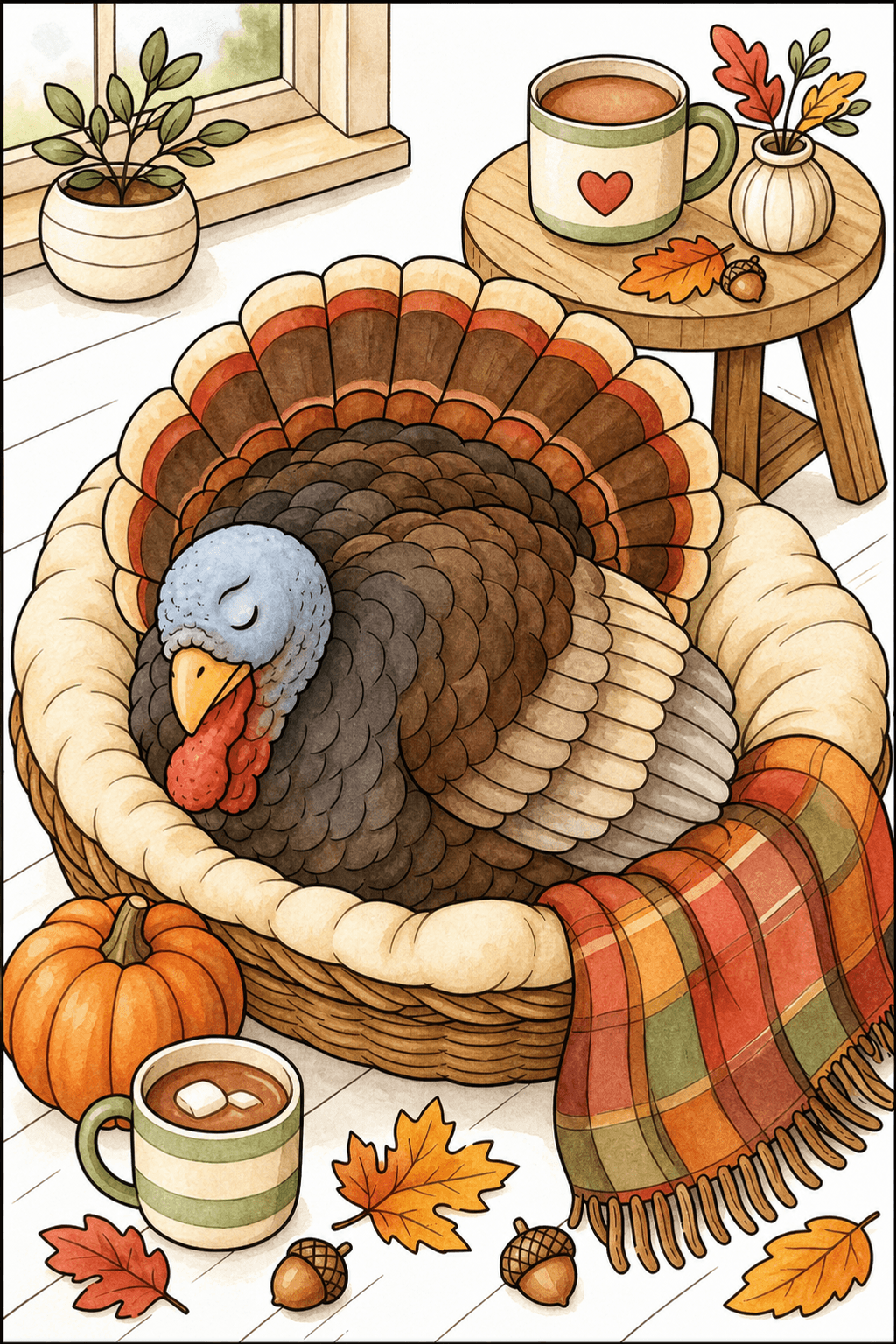 Thanksgiving Turkey Sleeping in a Cushioned Basket watercolor colorized preview